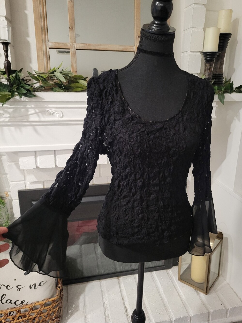 Whimsigoth Black Lace Fitted Sheer Flare Chiffon Sleeve Top Size 10